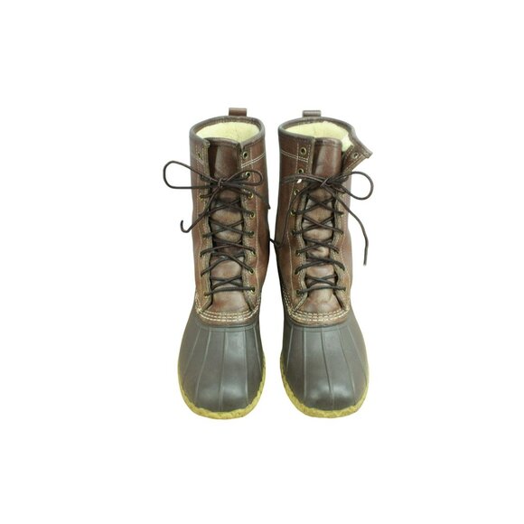 LL Bean Brown Leather Lace Up Shearling Lined Insulated Duck Boots Size 10 Wide - Picture 5 of 11